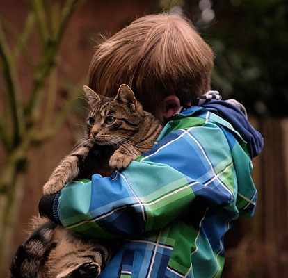 Little boy with his pet cat