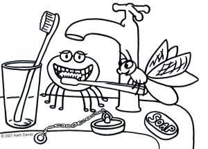 Printable colouring page of a spider with a big grin brushing their teeth, while a friendly fly helps hold the toothbrush. A bathroom sink, tap, soap, and glass are in the background.