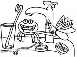 Printable colouring of a fly and a spider brushing their teeth