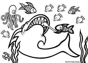 Printable colouring page of a shark getting its teeth brushed by a small fish, surrounded by sea creatures including an octopus and swimming fish.