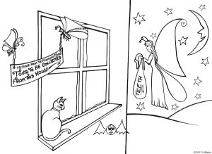 A printable children's colouring page of Tooth Fairy out and about collecting teeth.