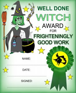 Witch-themed kids reward certificate for frighteningly good behaviour. Great for Halloween!