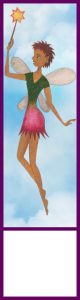 A printable bookmark of a fairy in a pink skirt flying in the sky