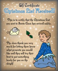 Free printable certificate from the elves saying a Christmas list has been received