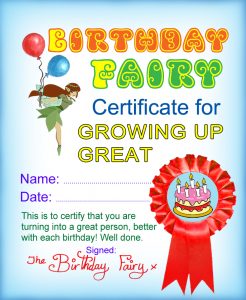 Certificate from the Birthday Fairy for Growing up Great