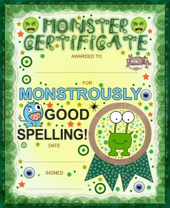 Monster certificate award for good spelling