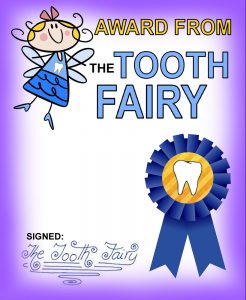 A free printable Tooth Fairy Award with a cartoon style fairy illustration.