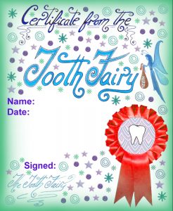 A blank certificate from the Tooth Fairy to add your own special message detailing the award you are giving your child. This one is decorated with stars, swirls and a cheerful red rosette.