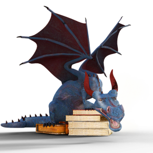 Blue dragon with a pile of books