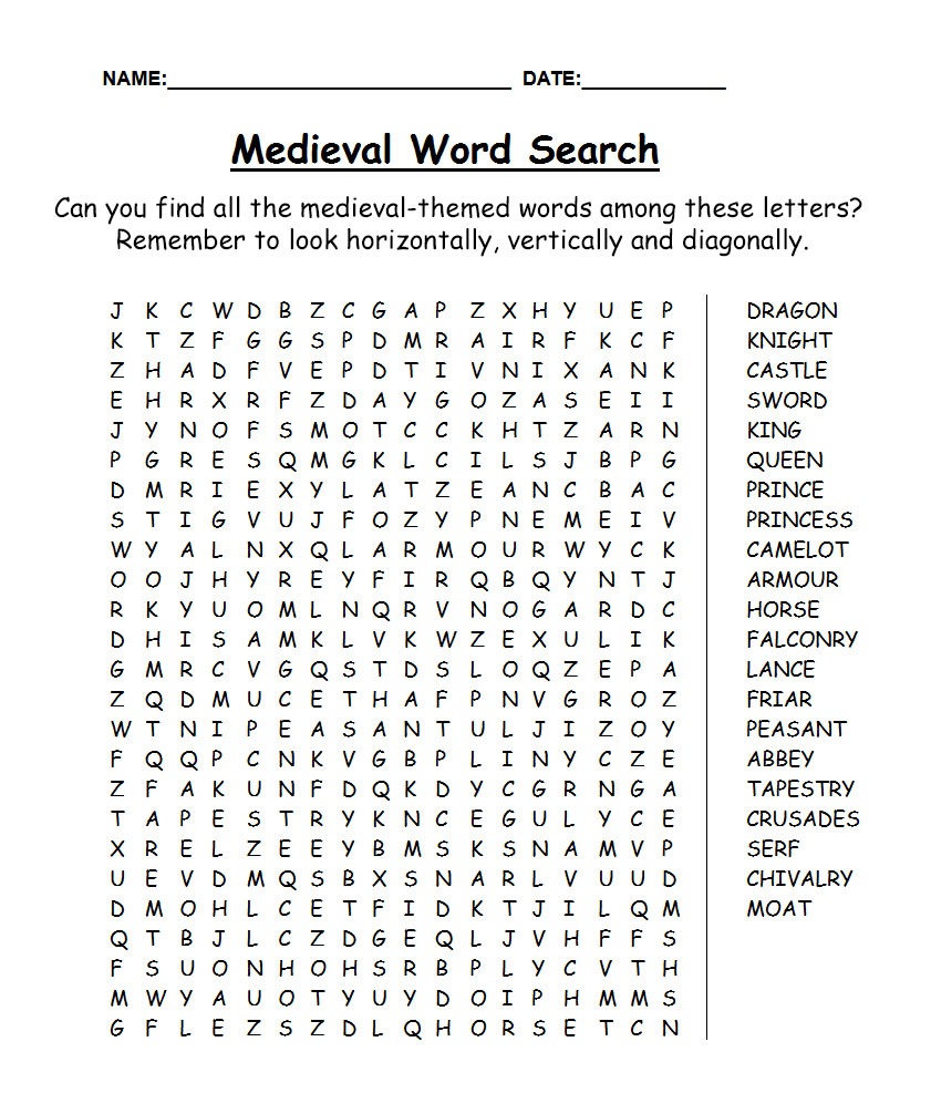 Medieval Word Search Printable