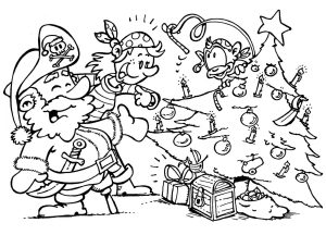 Colouring page of pirates and their pet monkey celebrating Christmas