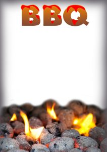 Printable template for a BBQ, which can be used as a menu or an invitation. It has charcoal and flames design.