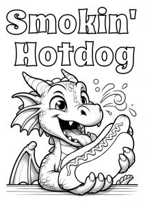 A printable colouring page for children of a dragon eating a hotdog. Part of a series of barbecue-themed colouring pages.