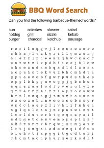 Printable barbecue-themed word search for children to enjoy during summer barbecue season.