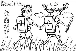 Printable colouring page of a boy and girl heading back to school