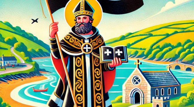 Colourful illustration of St Piran holding the Cornish flag on a coastal hillside, with a chapel, Celtic cross, and seagulls in the background.