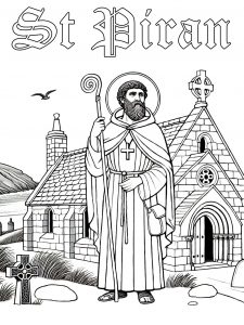 Black and white colouring page of St Piran standing in front of a stone church, holding a staff, with a Cornish coastal background.