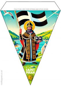 Printable St Piran’s Day bunting featuring St Piran holding the Cornish flag with a coastal background.