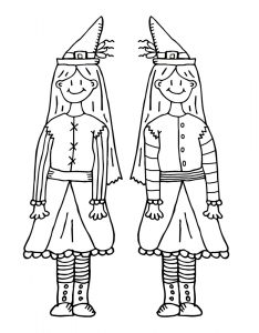 Printable colouring page for children of two witches who are also sisters