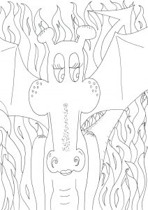 A gorgeous colouring in page of a dragon surrounded by its flames