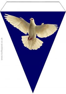 Large triangular bunting with bearing a picture of a white dove of peace on a blue background