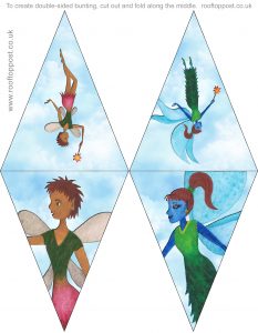 Printable bunting of two lovely fairies flying through the sky, great for children's parties