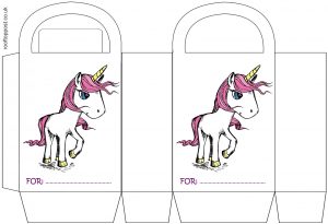 A pretty printable gift bag for children's parties, picturing a pink unicorn and with space to write the recipient's name.