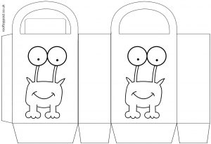 A printable party gift bag with a smiling monster on the front for children to colour in.