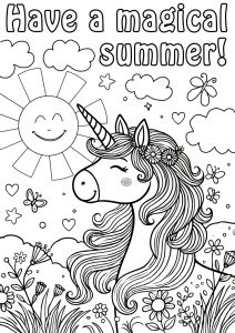 Colouring picture of a magical unicorn enjoying the summer sunshine.