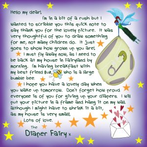 A note to a child from the Diaper Fairy, saying thank you for the picture.