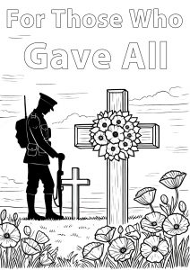 A colouring in page of an unknown soldier beside a grave on Remembrance Day.