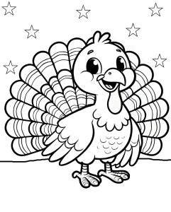 A printable coloring page for kids at Thanksgiving, depicting a cartoon turkey and American stars.