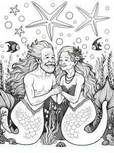 This illustration is meant for children to colour in. It portrays a mermaid and merman couple in a serene underwater setting, highlighting features that gracefully show their age and capturing a moment of companionship.