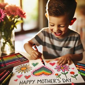 A boy colouring a picture as a present for his mother on Mother's Day.