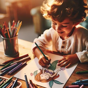 A child drawing a mermaid, illustrating our ideas for mermaid-themed activities for children which encourage inclusion and diversity. 