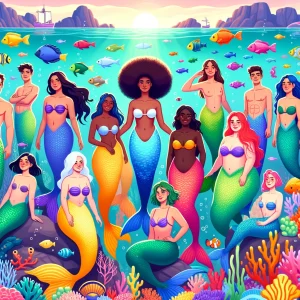 A picture of a diverse group of mermaids and a merman, including fuller figures to represent a broader spectrum of inclusivity. They are floating underwater together, like one big, happy family.