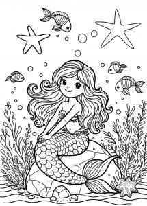 Easy colouring picture for children, showing a mermaid sitting on a rock.