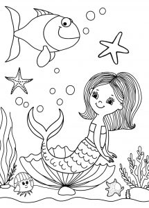 Easy colouring picture for children, showing a mermaid sitting in a shell.