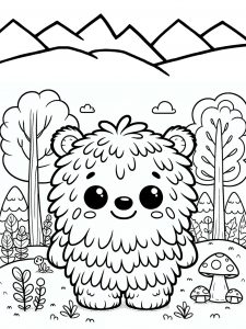 Kids colouring page depicting a friendly forest monster.