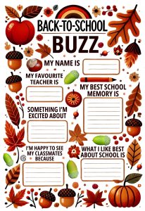 A printable worksheet for young children returning to school, It has an autumnal feel, decorated with autumn leaves and acorns. There are boxes for children to fill in with school-related information about themselves. This resource is designed to promote a feel-good factor to going back to school after the holidays.