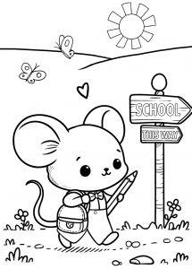 A picture for children to colour in depicting a cartoon mouse on his way to school. Intended as a back-to-school printable resource for teachers and parents.