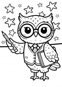 A picture for children to colour in of an owl teacher. He is ready for lessons, carrying a large pencil and a book. This forms part of a series of friendly, fun colouring pages to welcome children back to school.