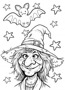 A picture to colour depicting the head and shoulders of a warty witch. Behind her, her pet bat flies through a star-filled night.