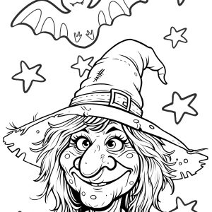 A picture to colour depicting the head and shoulders of a warty witch. Behind her, her pet bat flies through a star-filled night.