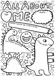 This is a printable worksheet designed as a back-to-school resource. It allows young children to share positive information about themselves by filling in boxes, and the whole thing has a friendly dinosaur theme.