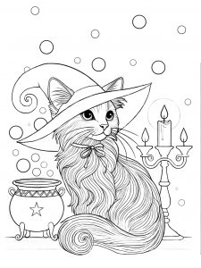 Printable colouring picture of a fancy vat in a witch's hat. Perfect for Halloween.