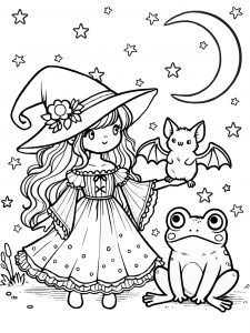 A Halloween-themed colouring page of a witch with her pet bat and toad, set against a starry night with a crescent moon.