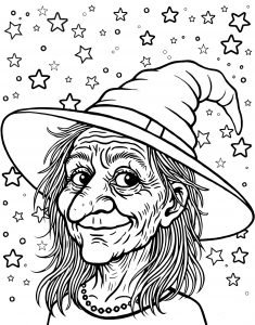 A picture of a witch against a sky full of stars for children to colour in.