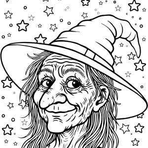 A picture of a witch against a sky full of stars for children to colour in.