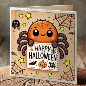 A printable Halloween card for children. The picture on the front of the card is a cheerful orange spider.